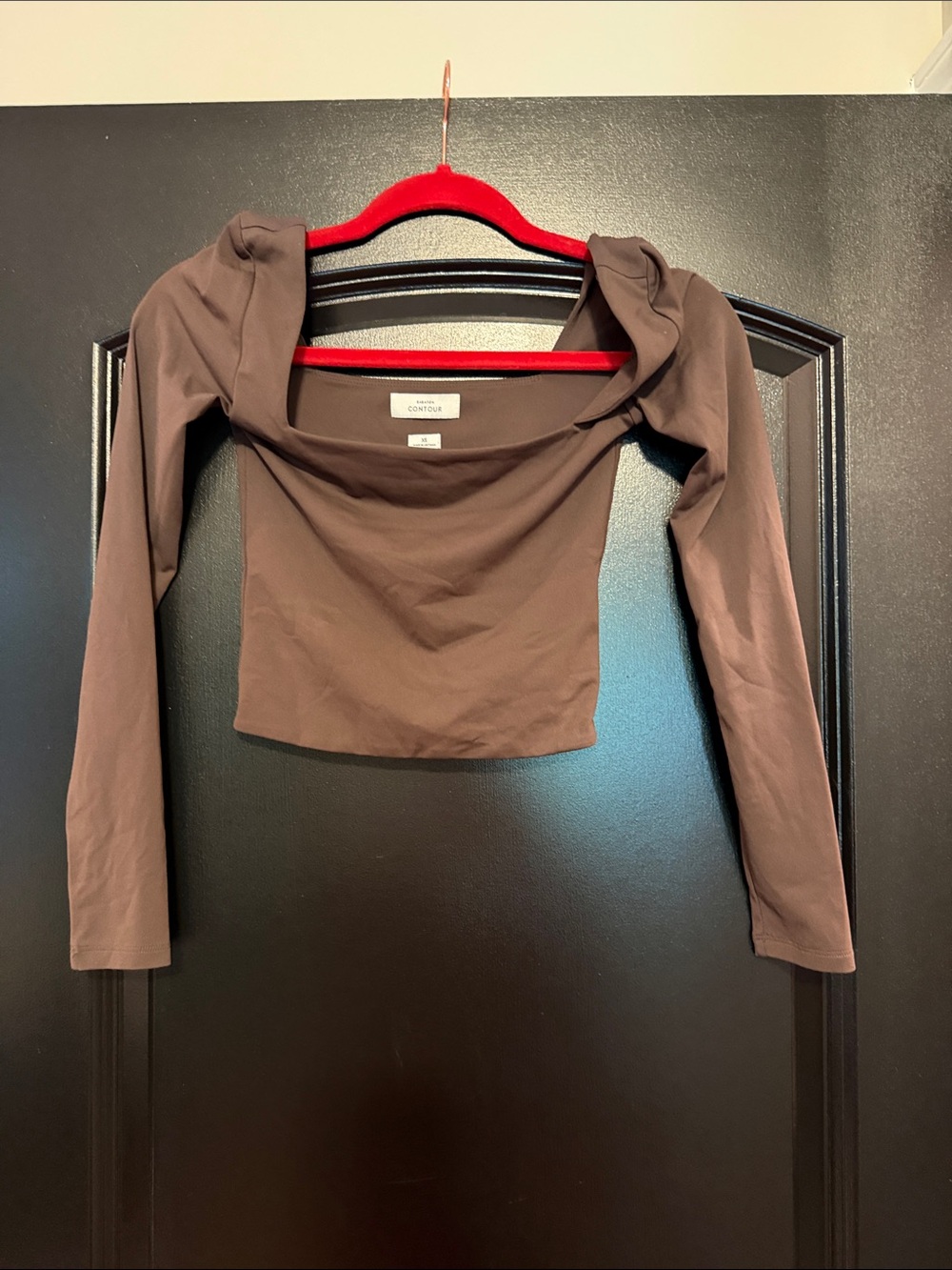 Babaton Brown Off-the-Shoulder Long Sleeve Crop Top